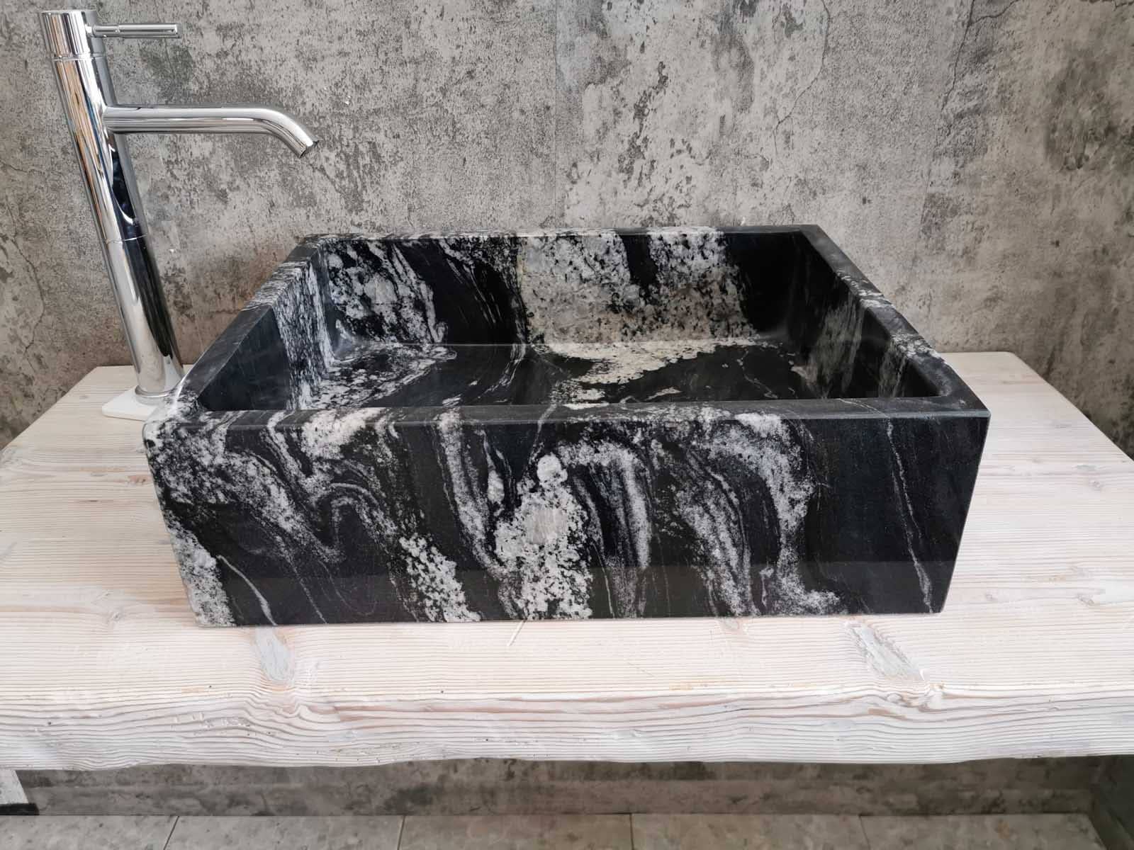 lavandino da appoggio da bagno in granito nero rettangolare