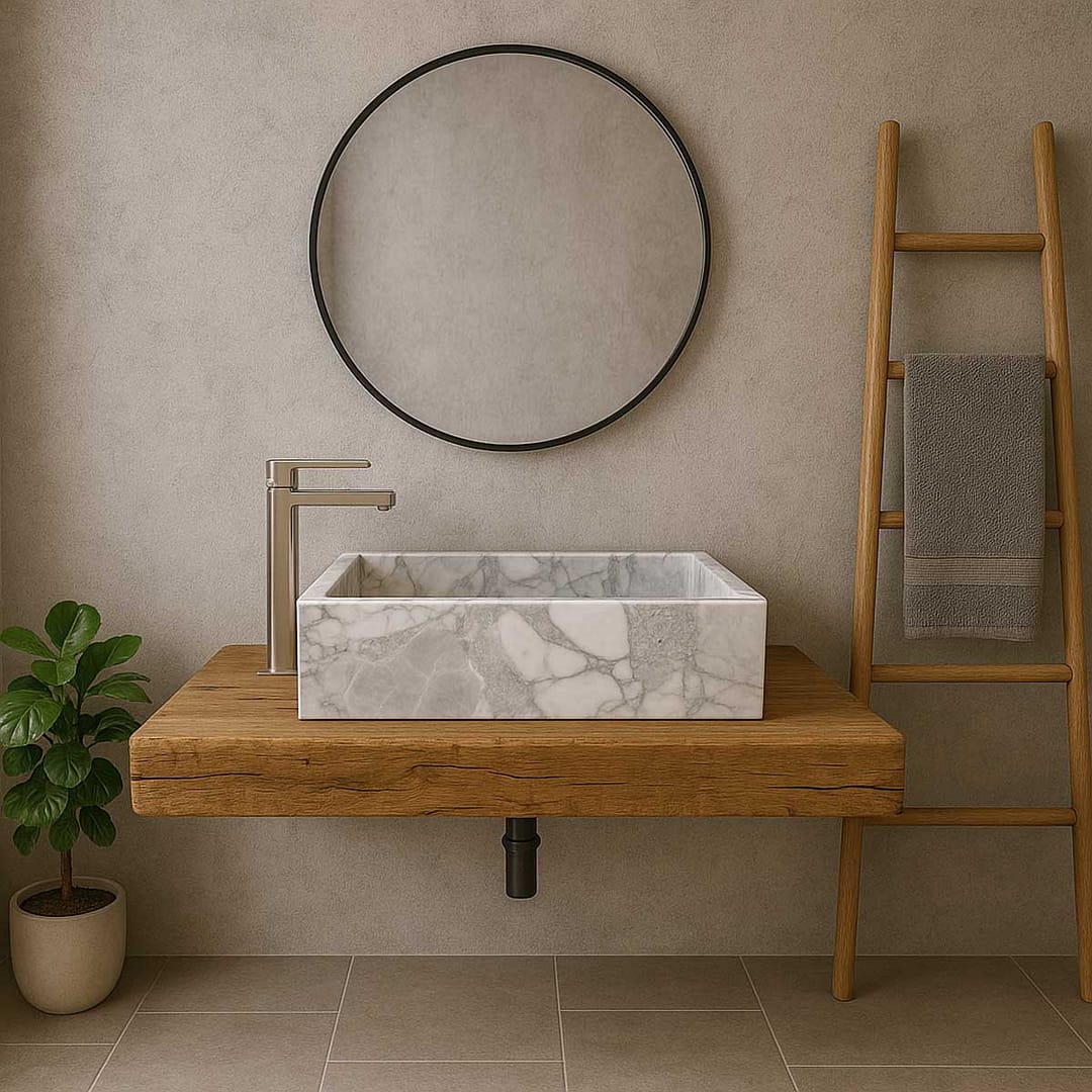 Évier de salle de bain design en marbre poli avec robinet mural