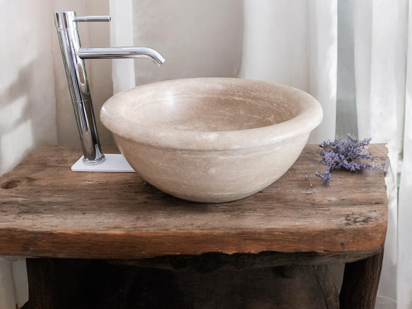 lavandino rotondo in marmo traverino noce