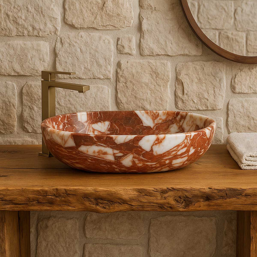 lavabo da appoggio ovale in marmo rosso di design