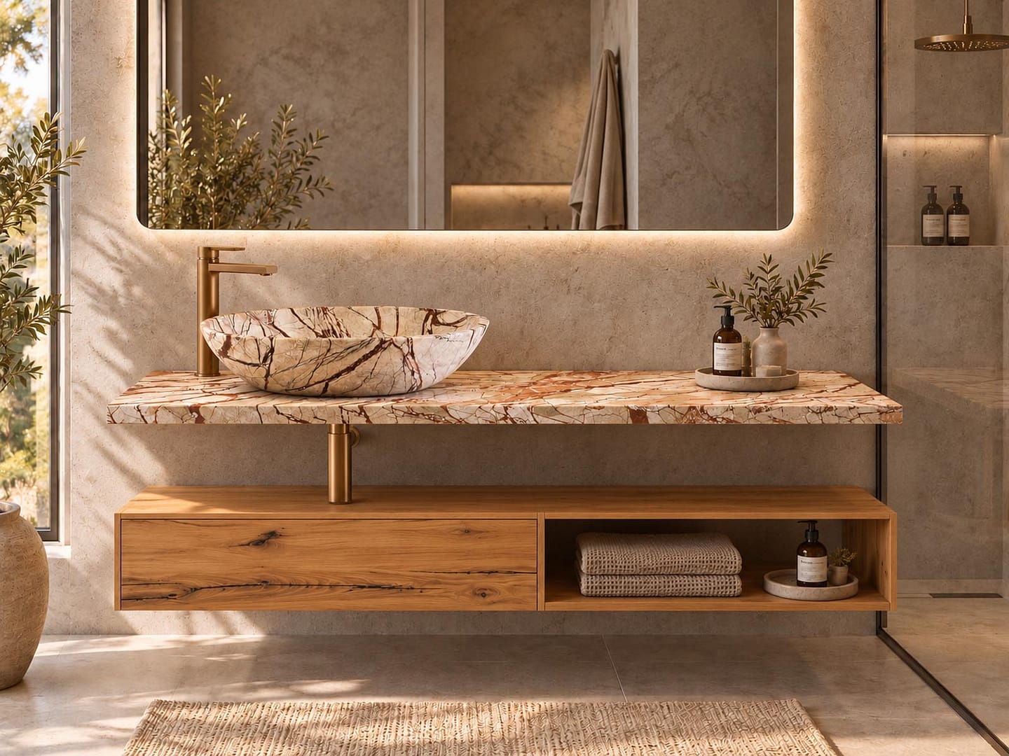 Bagno moderno con lavabo in marmo e luce calda