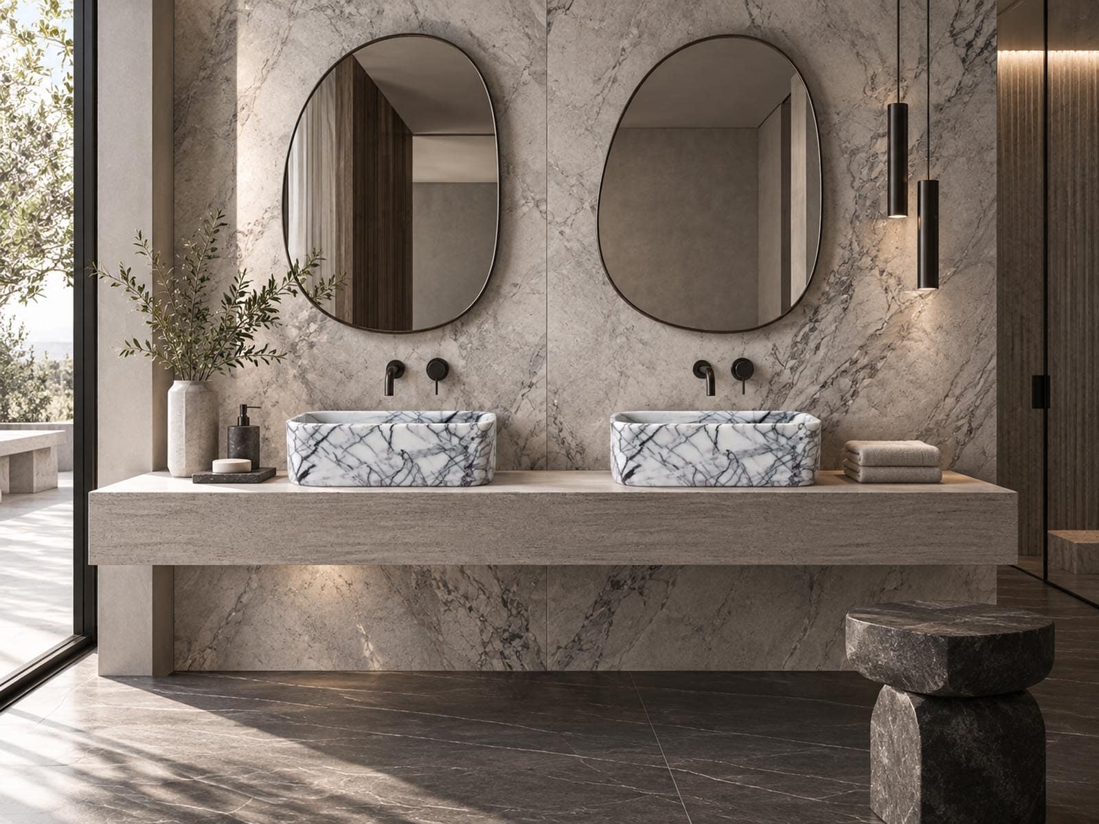 Arredo bagno di lusso in pietra naturale con due lavabi da appoggio in marmo – Ti Arrediamo