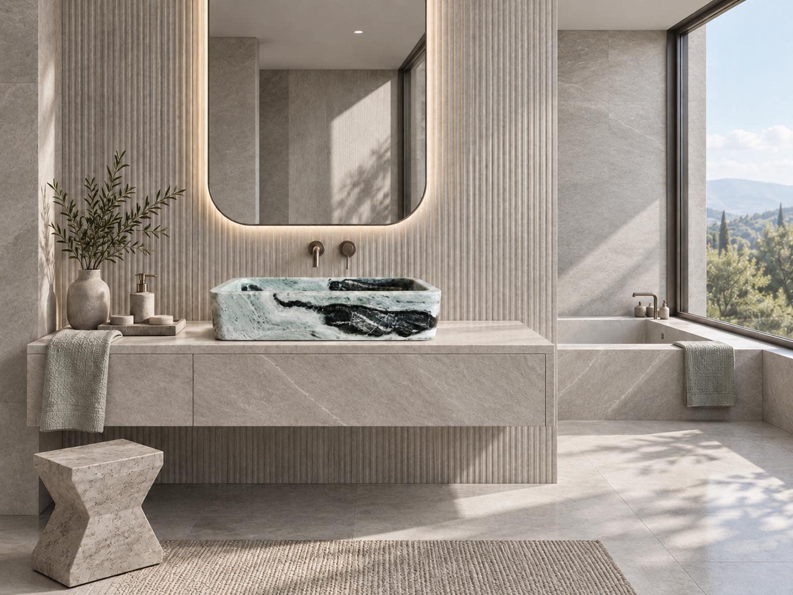 Lavabo da appoggio in marmo verde Sangrilla in un arredo bagno moderno in pietra naturale – Ti Arrediamo