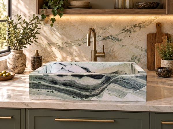 Lavello da cucina in pietra verde con rubinetteria in ottone