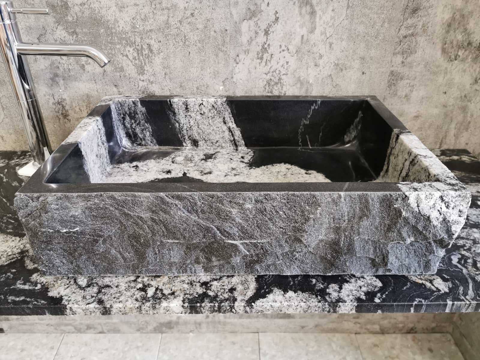 Lavabo à poser rectangulaire en granit noir, mesurant 60×40 cm, adapté à la salle de bain et à l’extérieur