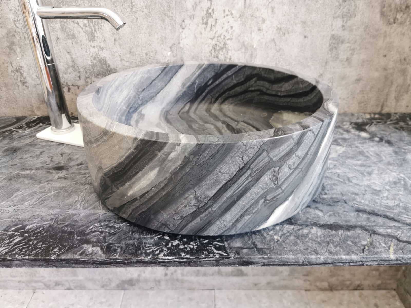 Waschbecken aus mattschwarzem Marmor, grau, rund, Größe 45 cm