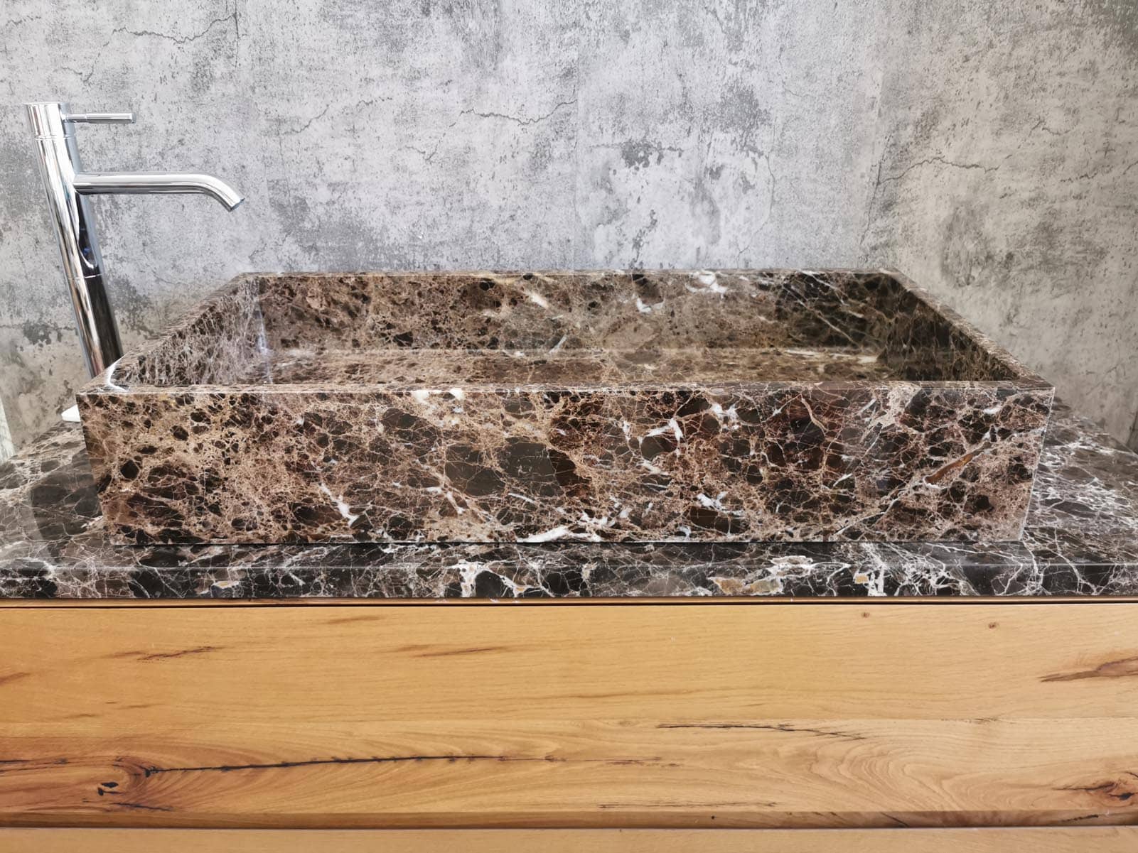 Aufsatzwaschbecken aus dunkelbraunem Emperador-Marmor, rechteckig, Größe 80 cm, Designer-Waschbecken