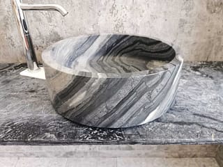 vasque salle de bain en marbre noir mat, gris, rond, taille 45 cm