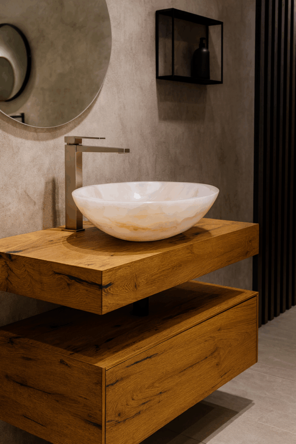 lavabo da appoggio in marmo onice rosa moderno